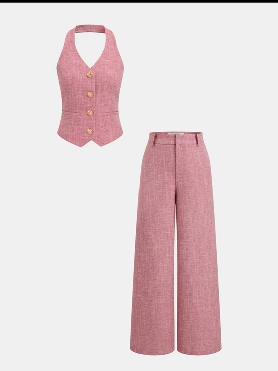 Commense Pants - Commense Women's Pink Halter Vest & Wide-Leg Trousers Set
